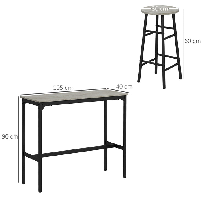 3 Piece Bar Table Set with 2 Stools, Industrial Bar Table and Stool Set, Dining Table and Chair Set for Small Space, Grey