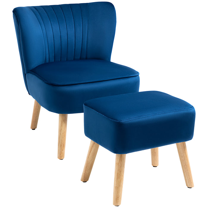 Velvet Accent Chair Occasional Tub Seat Padding Curved Back w/ Ottoman Wood Frame Legs Home Furniture, Blue