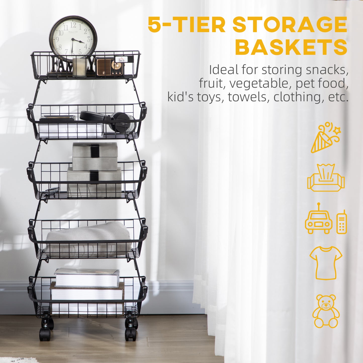 5 Tier Storage Trolley Cart Vegetable Rack with Wheels for Kitchen