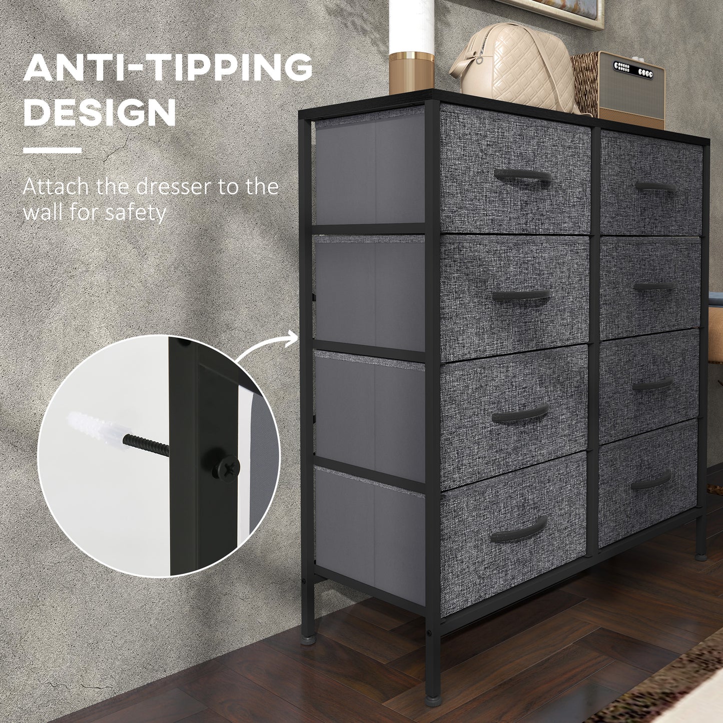 8 Drawer Fabric Chest of Drawers w/ Wooden Top for Hallway Black
