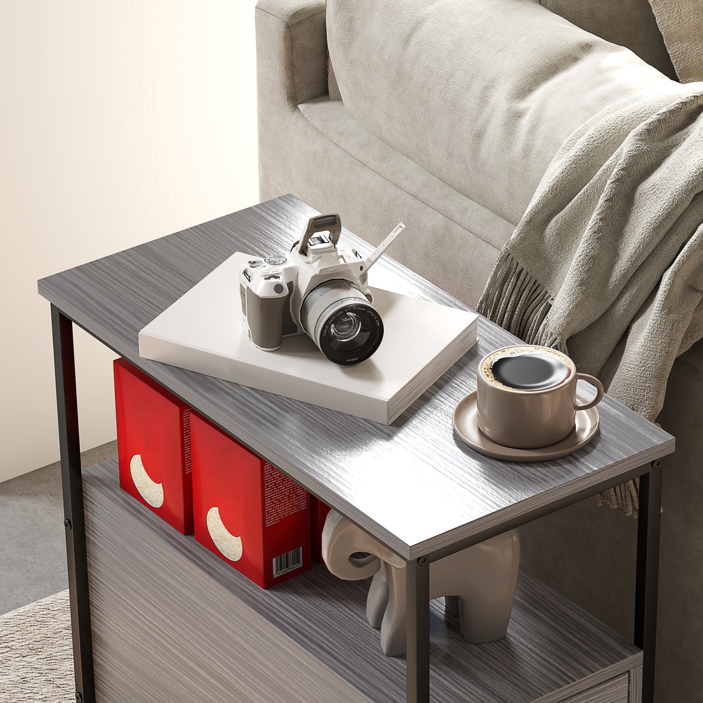 Narrow End Table, Sofa Side Table with 2 Drawers Storage Shelf, Grey