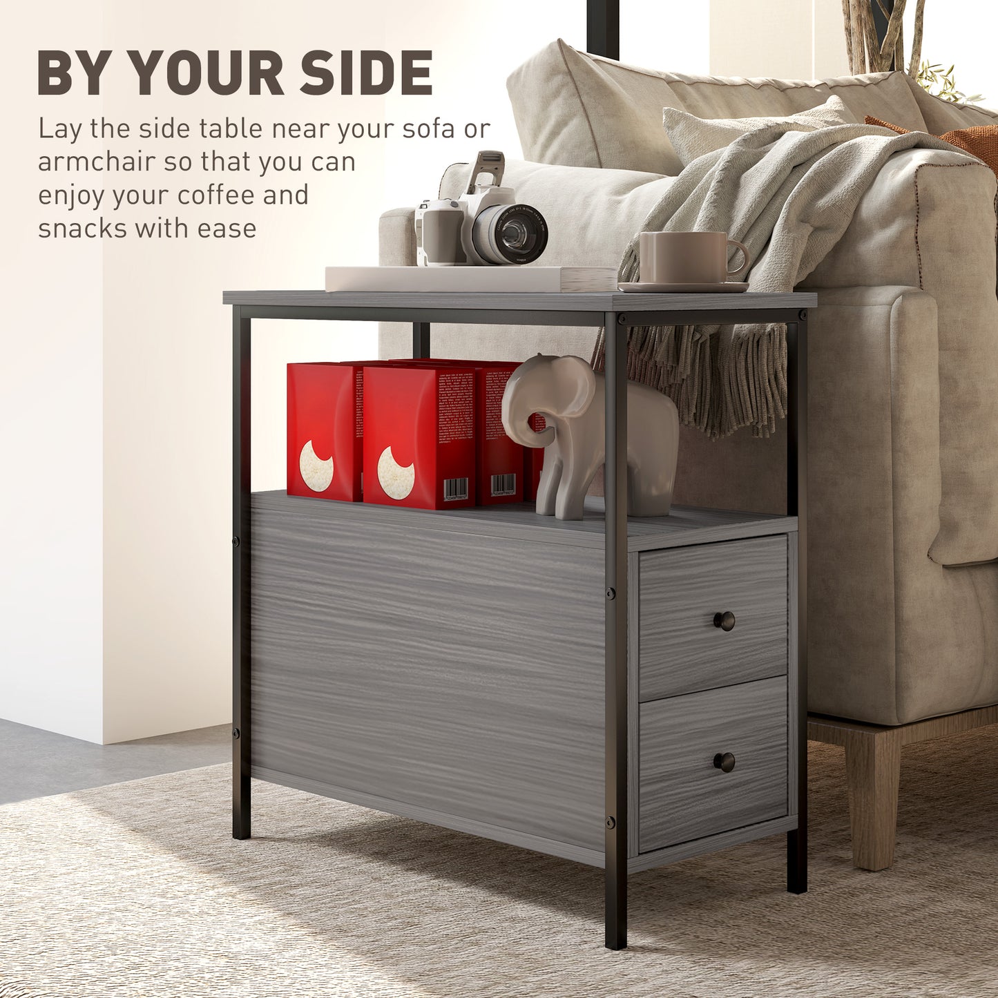 Narrow End Table, Sofa Side Table with 2 Drawers Storage Shelf, Grey