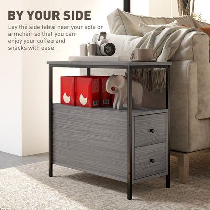 Narrow End Table, Sofa Side Table with 2 Drawers Storage Shelf, Grey