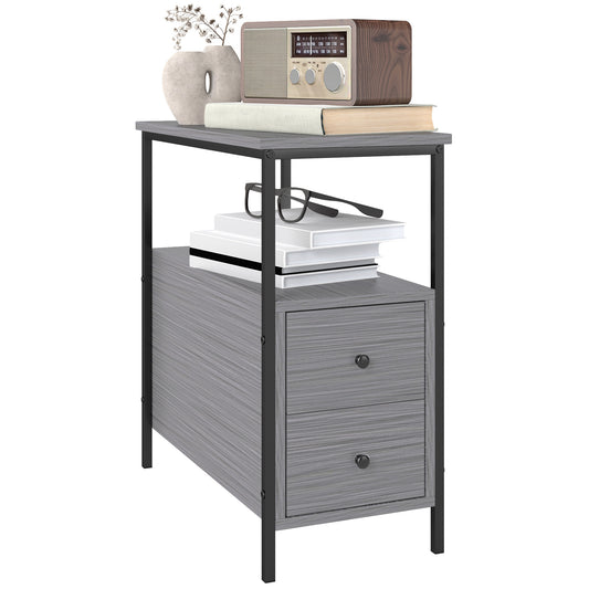 Narrow End Table, Sofa Side Table with 2 Drawers Storage Shelf, Grey
