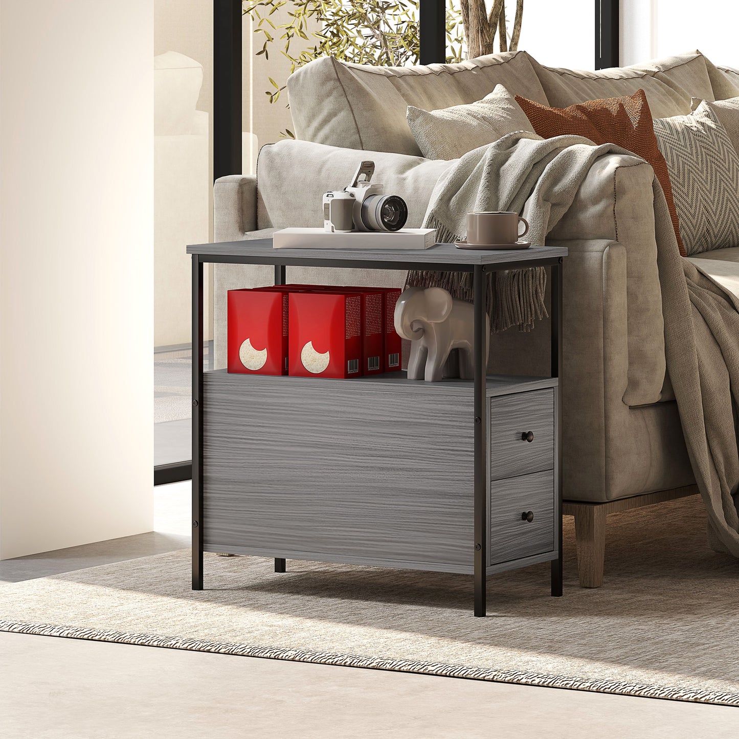 Narrow End Table, Sofa Side Table with 2 Drawers Storage Shelf, Grey