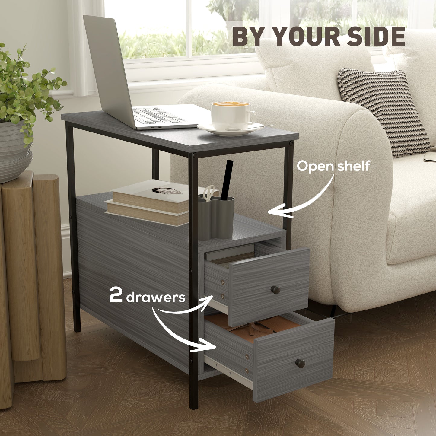 Narrow End Table, Sofa Side Table with 2 Drawers Storage Shelf, Grey
