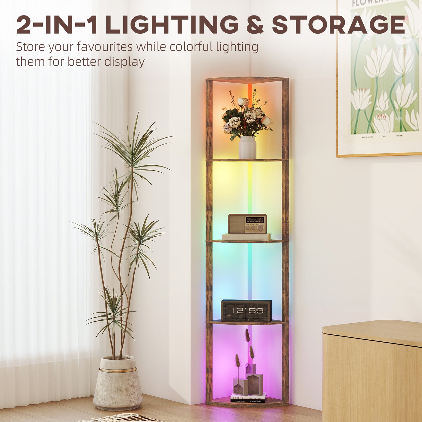 RGB LED Floor Lamp with Shelves and Remote Control for Living Room