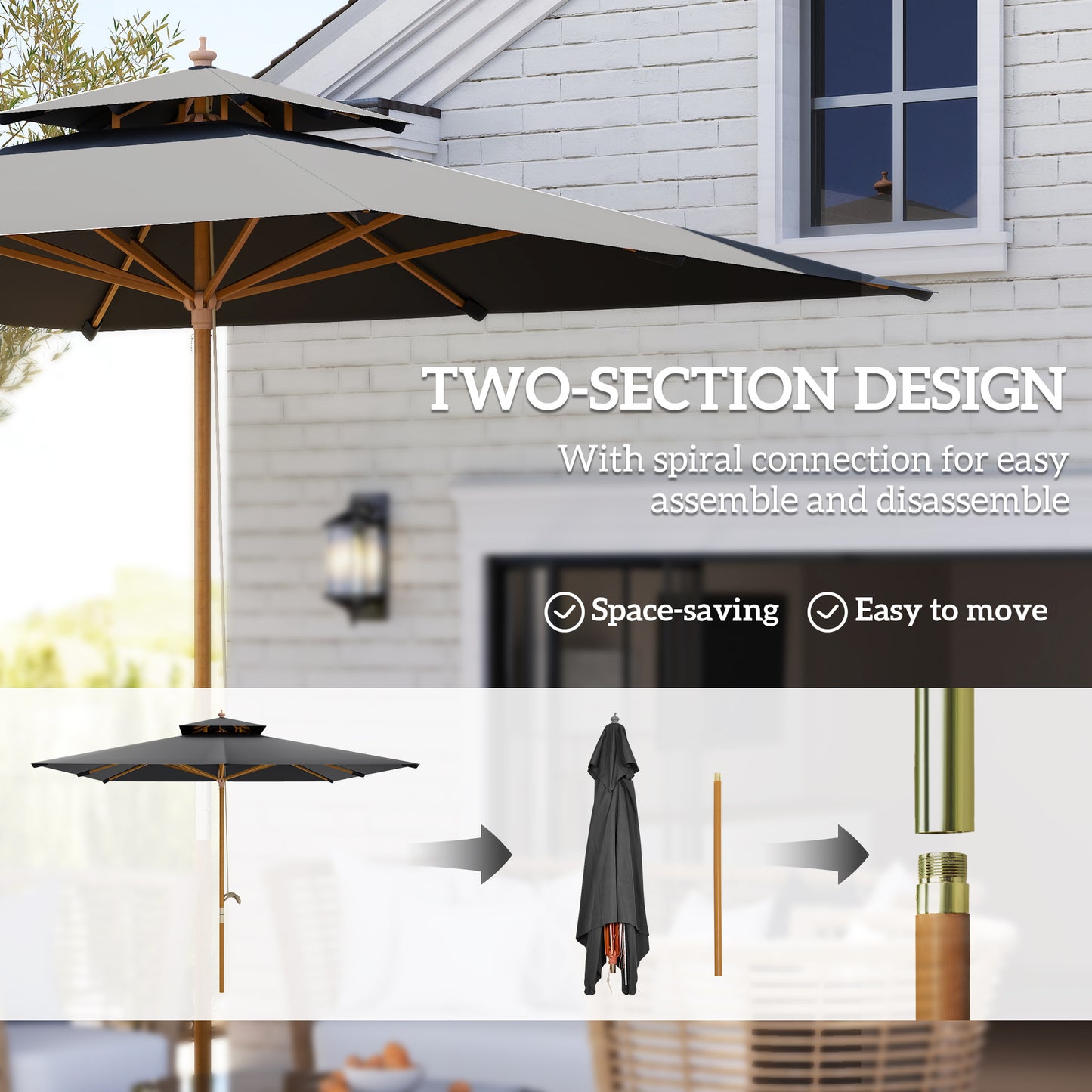 3(m) Wood Square Umbrella Garden Market Parasol Sunshade Black