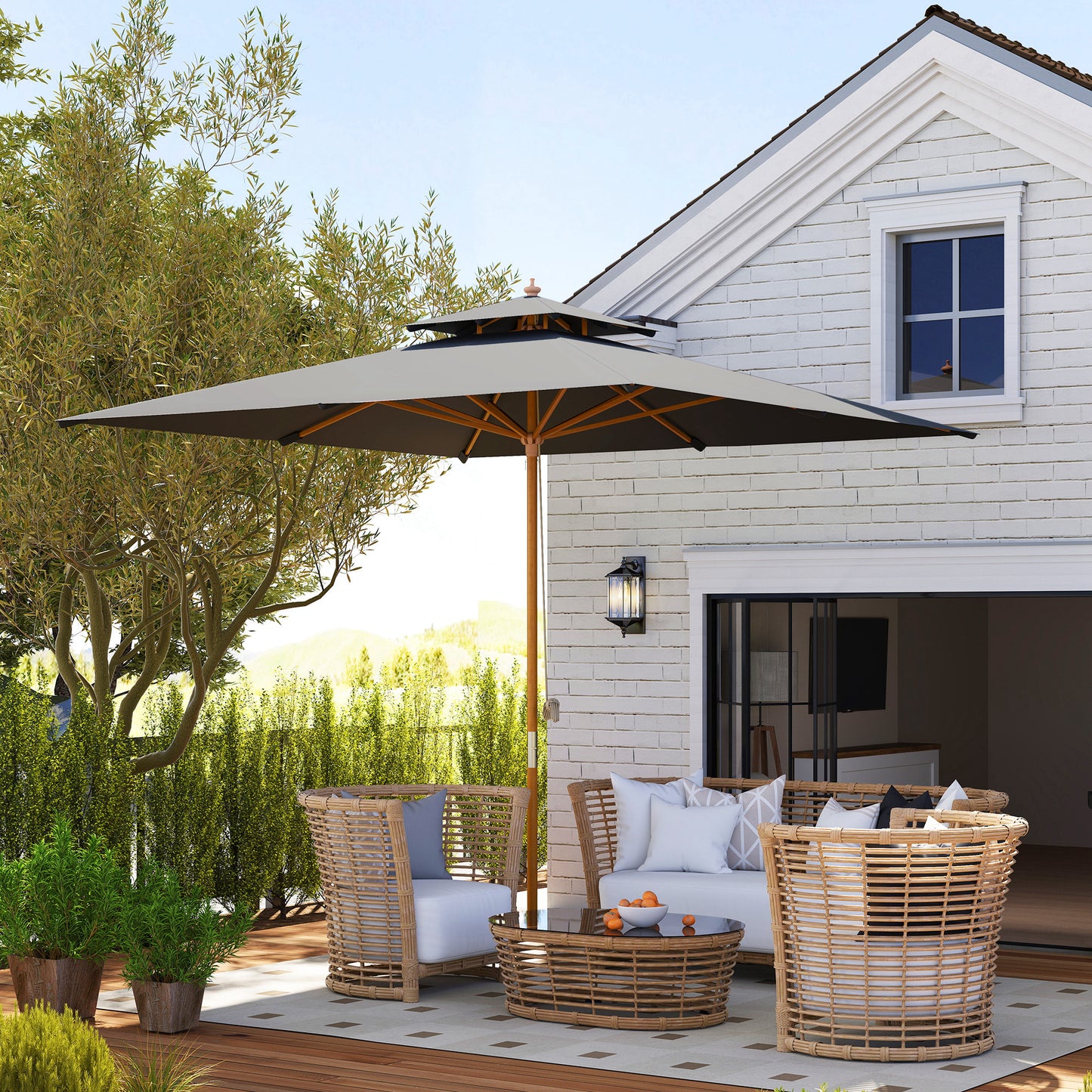 3(m) Wood Square Umbrella Garden Market Parasol Sunshade Black