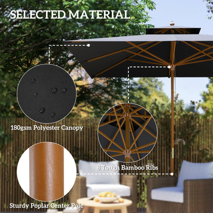 3(m) Wood Square Umbrella Garden Market Parasol Sunshade Black