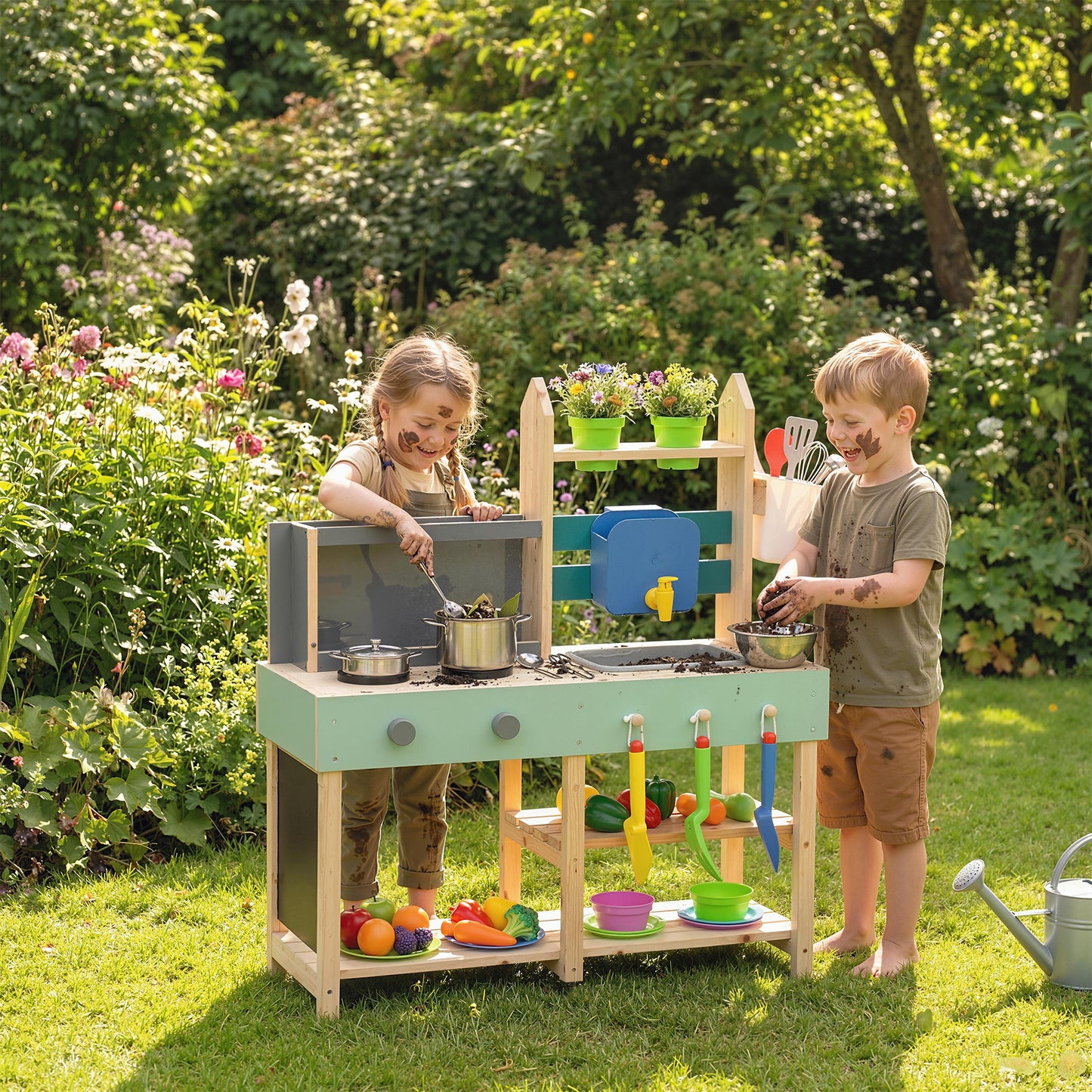 Mud Kitchen with Faucet, Kitchen Accessories, Garden Tools, Blue