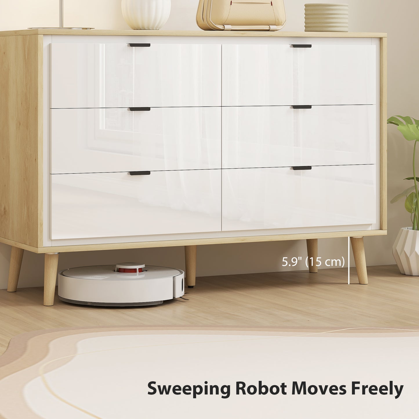 Storage Cabinet with 6 Drawers and 5 Legs, High Gloss White