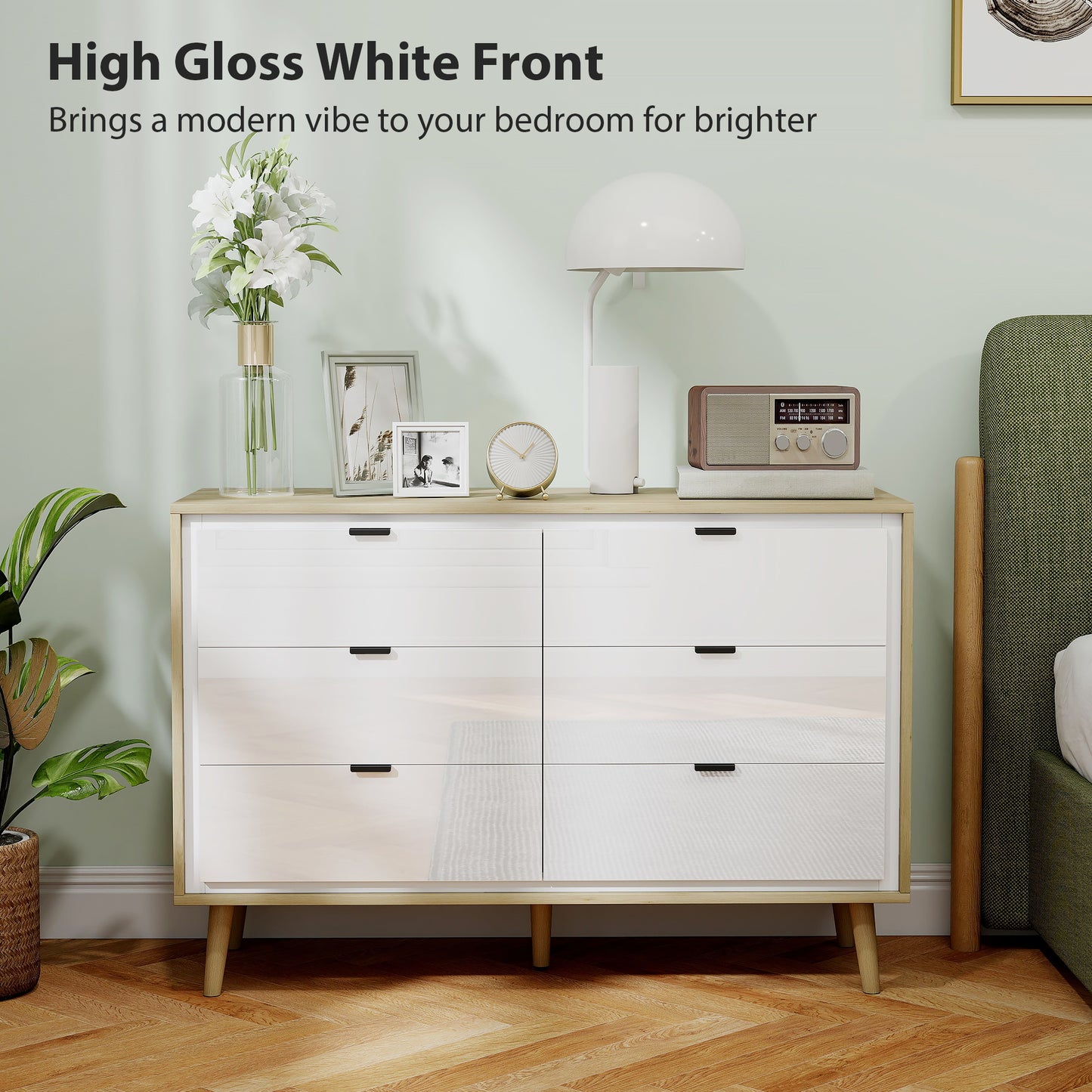 Storage Cabinet with 6 Drawers and 5 Legs, High Gloss White