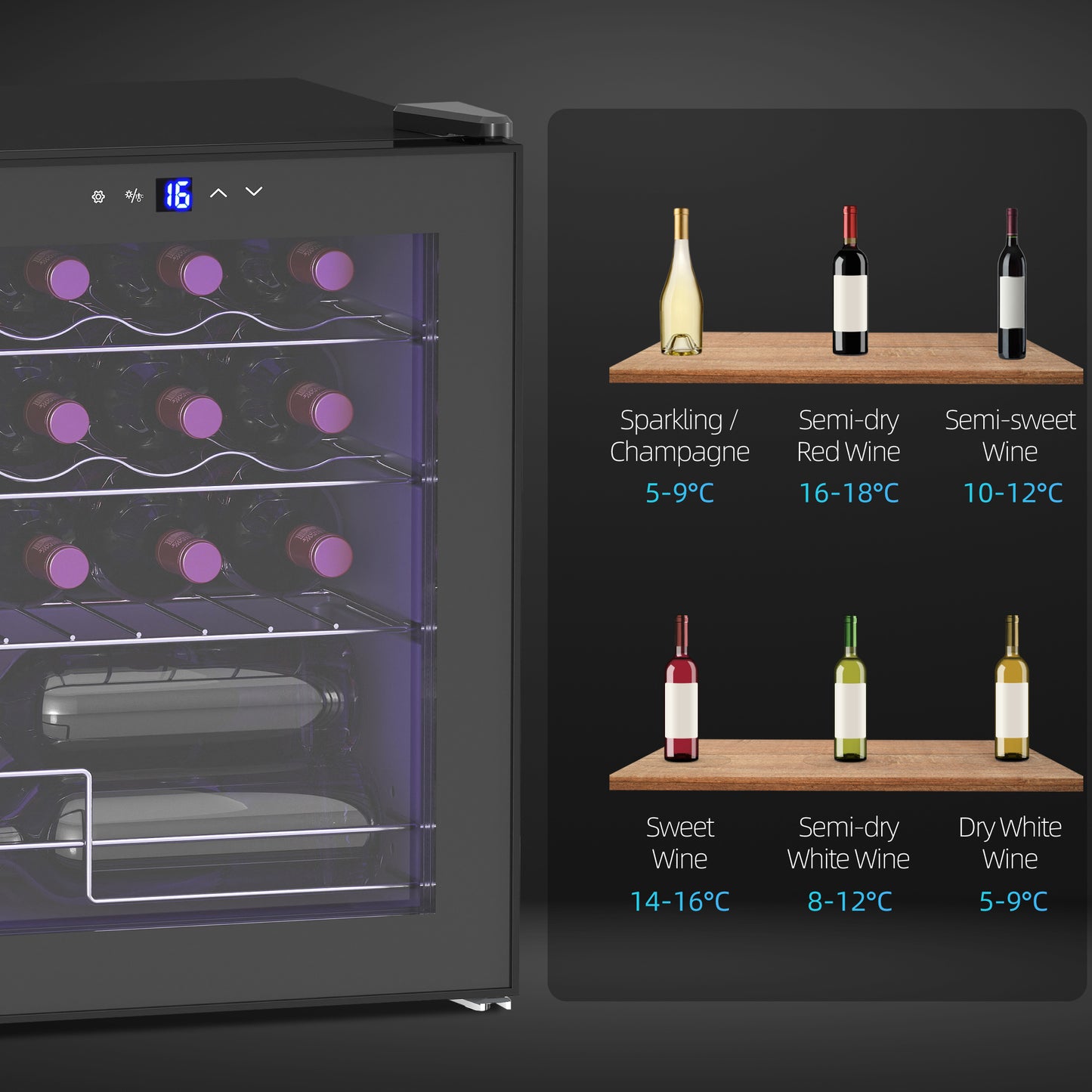 16 Bottle Wine Cooler with Adjustable Temperature Control, Black