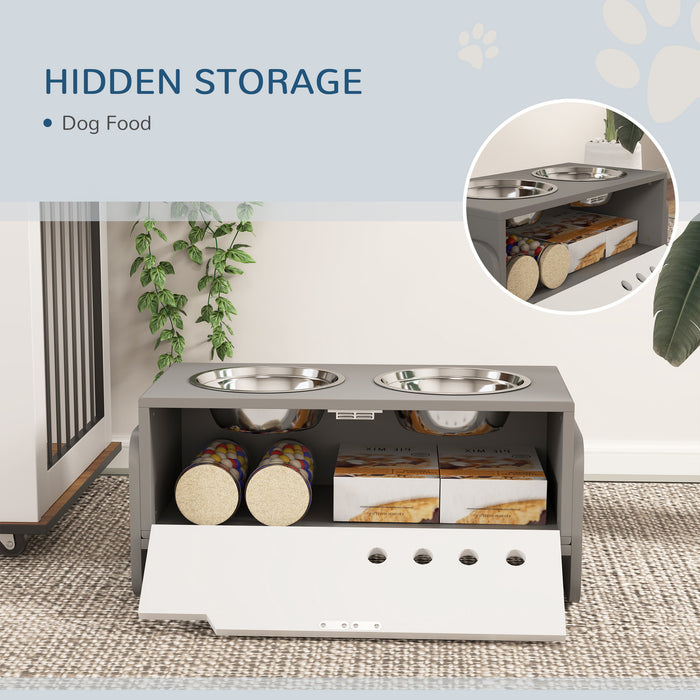 Height Adjustable Dog Feeding Storage w/ 2 Stainless Steel Bowls