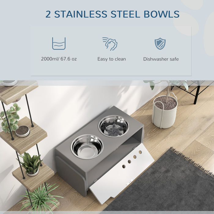 Height Adjustable Dog Feeding Storage w/ 2 Stainless Steel Bowls