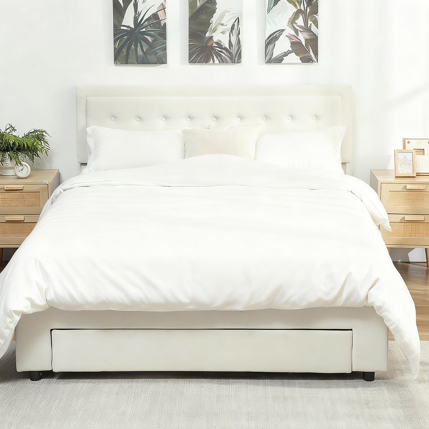 King Size Bed Frame with Storage and Adjustable Headboard, Cream