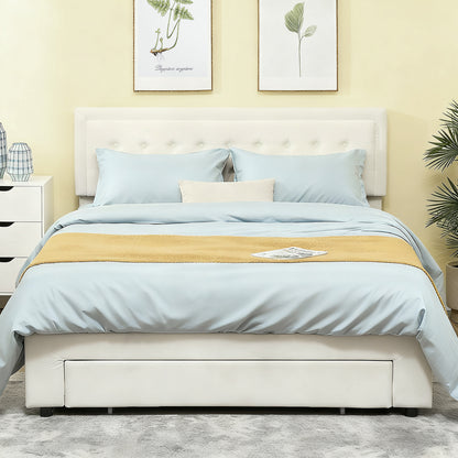King Size Bed Frame with Storage and Adjustable Headboard, Cream