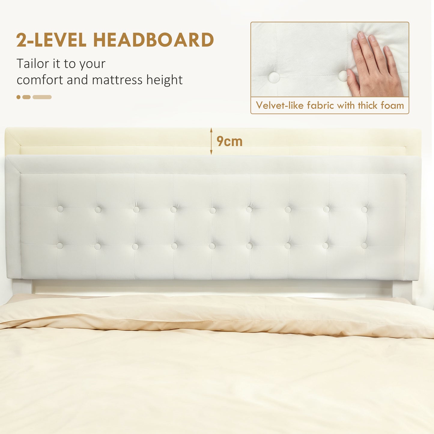 King Size Bed Frame with Storage and Adjustable Headboard, Cream