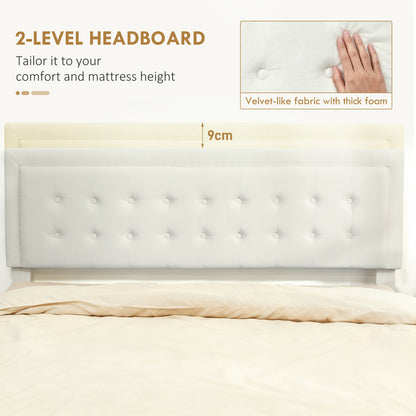 King Size Bed Frame with Storage and Adjustable Headboard, Cream