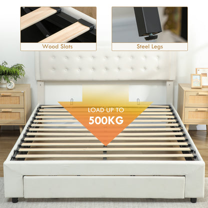 King Size Bed Frame with Storage and Adjustable Headboard, Cream