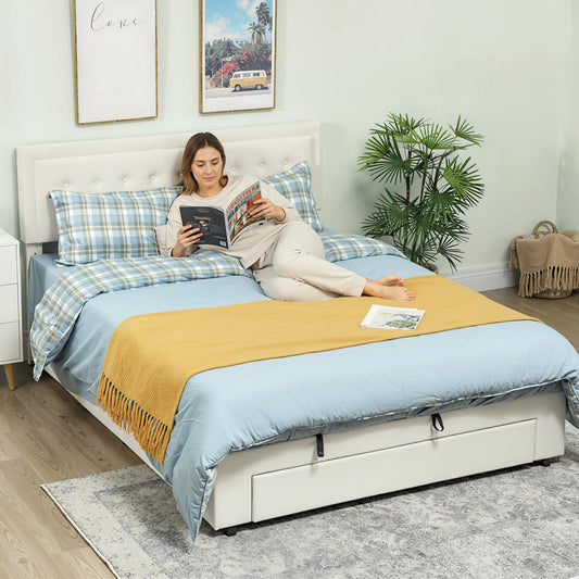 King Size Bed Frame with Storage and Adjustable Headboard, Cream