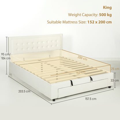 King Size Bed Frame with Storage and Adjustable Headboard, Cream