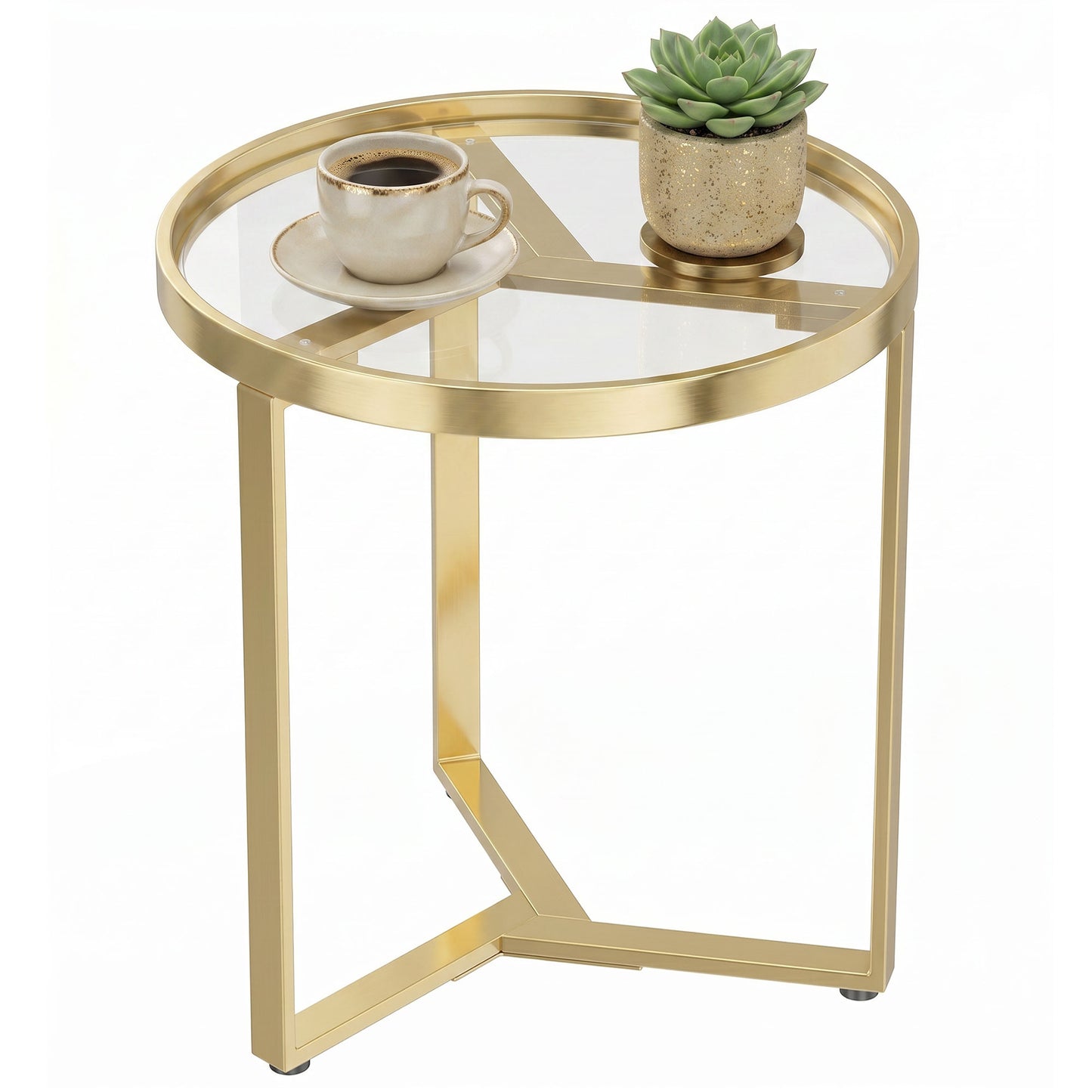 Round Side Table with Tempered Glass Top, Modern End Table with Geometric Metal Frame for Small Space, Living Room and Bedroom, Gold Tone