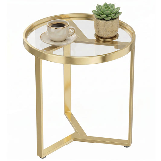 Round Side Table with Tempered Glass Top, Modern End Table with Geometric Metal Frame for Small Space, Living Room and Bedroom, Gold Tone