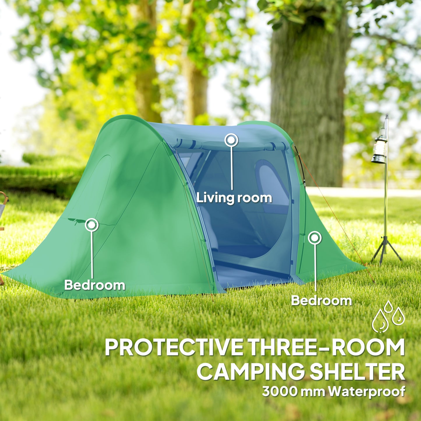 3 Man Camping Tent with 2 Bedrooms, 3000mm Waterproof, Green