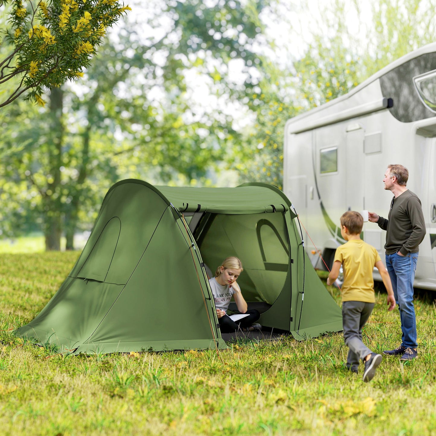 3 Man Camping Tent with 2 Bedrooms, 3000mm Waterproof, Green
