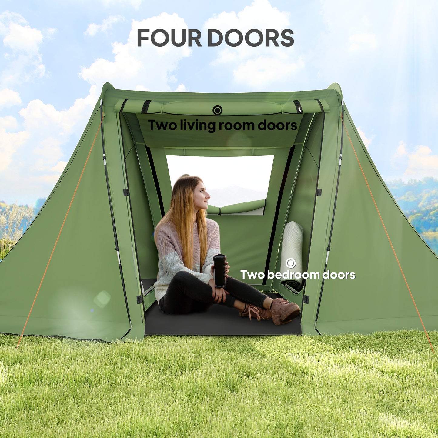 3 Man Camping Tent with 2 Bedrooms, 3000mm Waterproof, Green