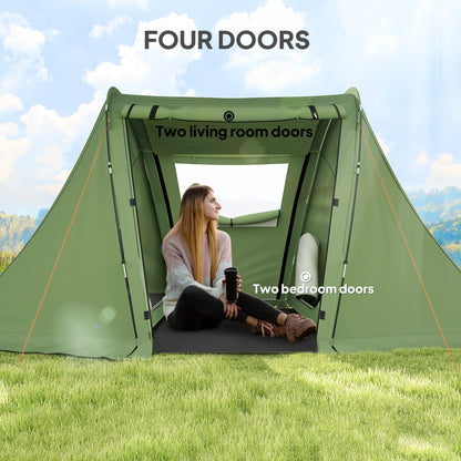 3 Man Camping Tent with 2 Bedrooms, 3000mm Waterproof, Green