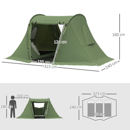 3 Man Camping Tent with 2 Bedrooms, 3000mm Waterproof, Green