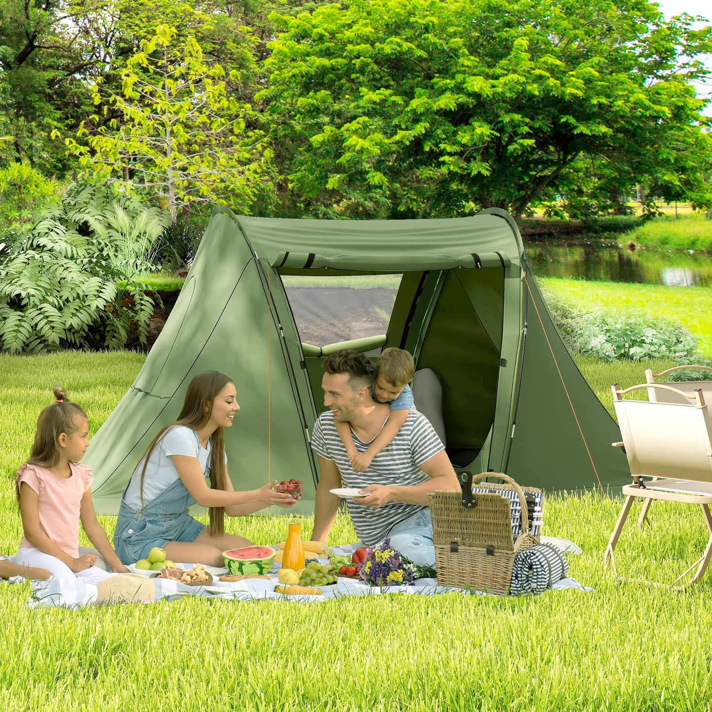 3 Man Camping Tent with 2 Bedrooms, 3000mm Waterproof, Green