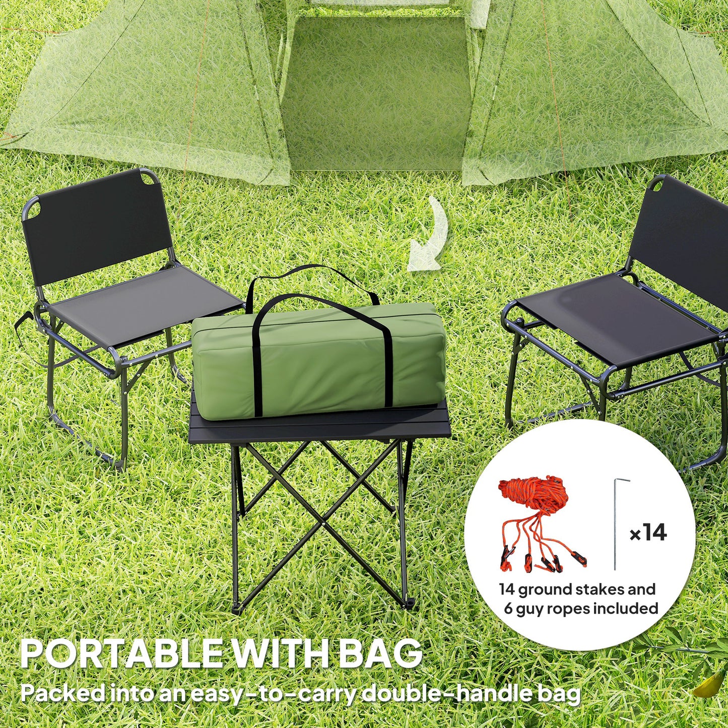 3 Man Camping Tent with 2 Bedrooms, 3000mm Waterproof, Green