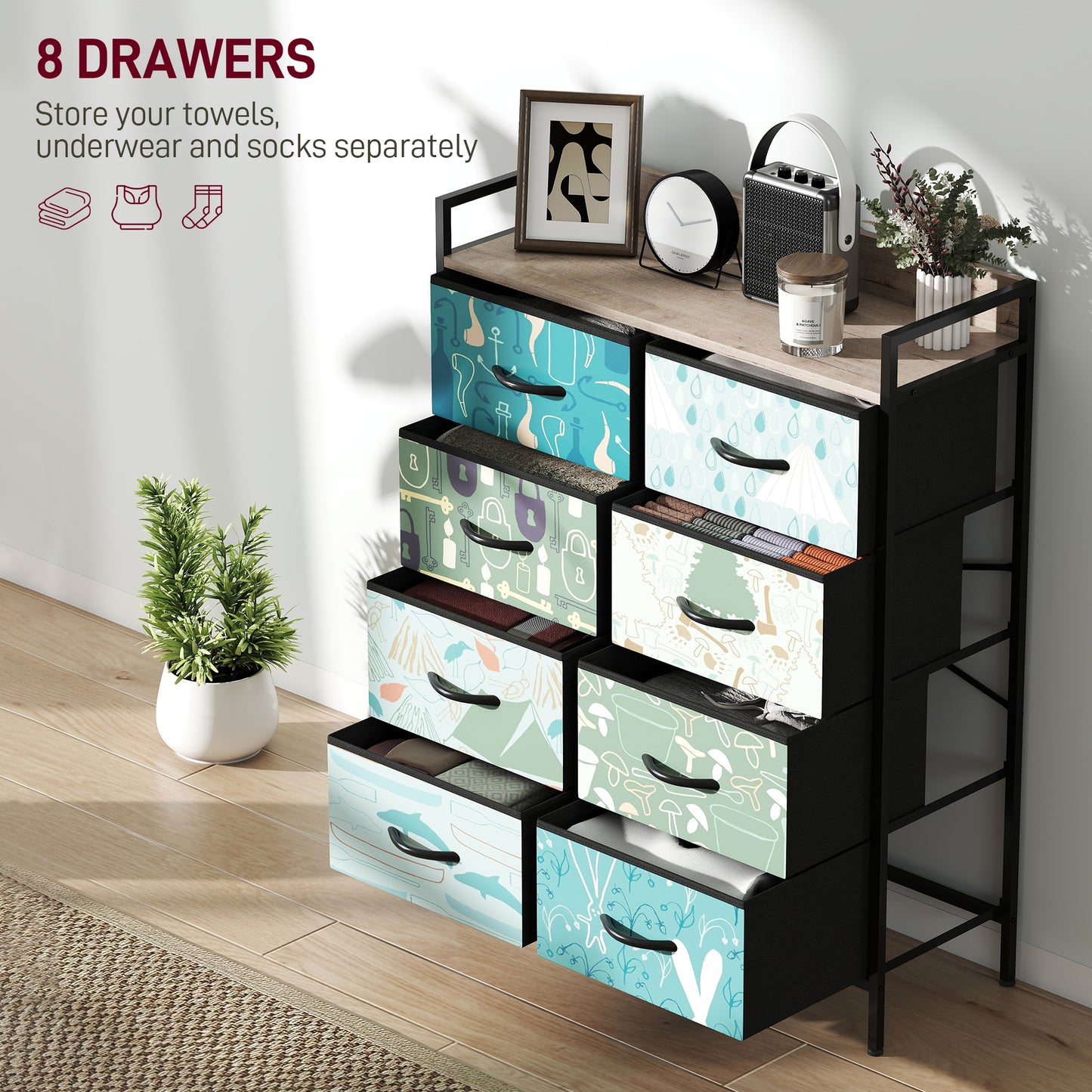 8-Drawer Chest of Drawers, Fabric Dresser with Open Shelf, Blue