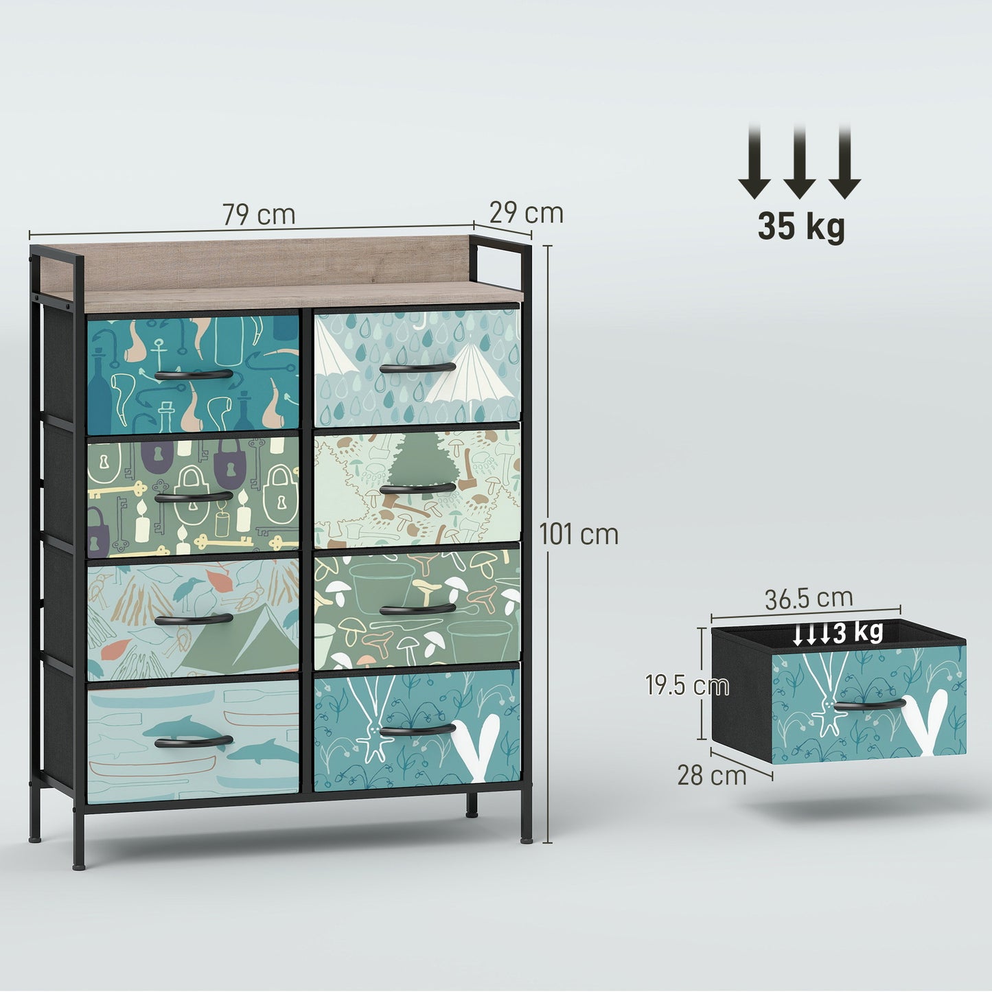 8-Drawer Chest of Drawers, Fabric Dresser with Open Shelf, Blue