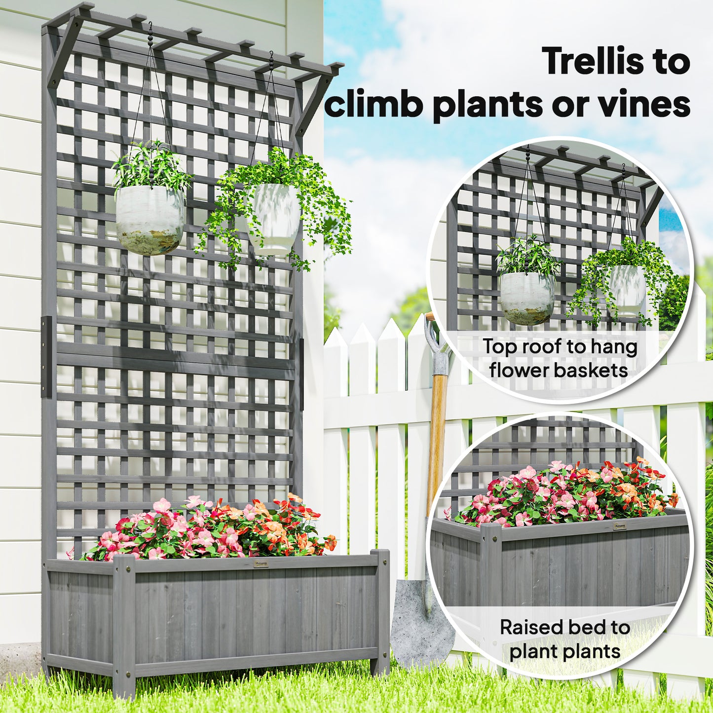 Wood Planter with Trellis for Climbing Plants Planter Box Dark Grey