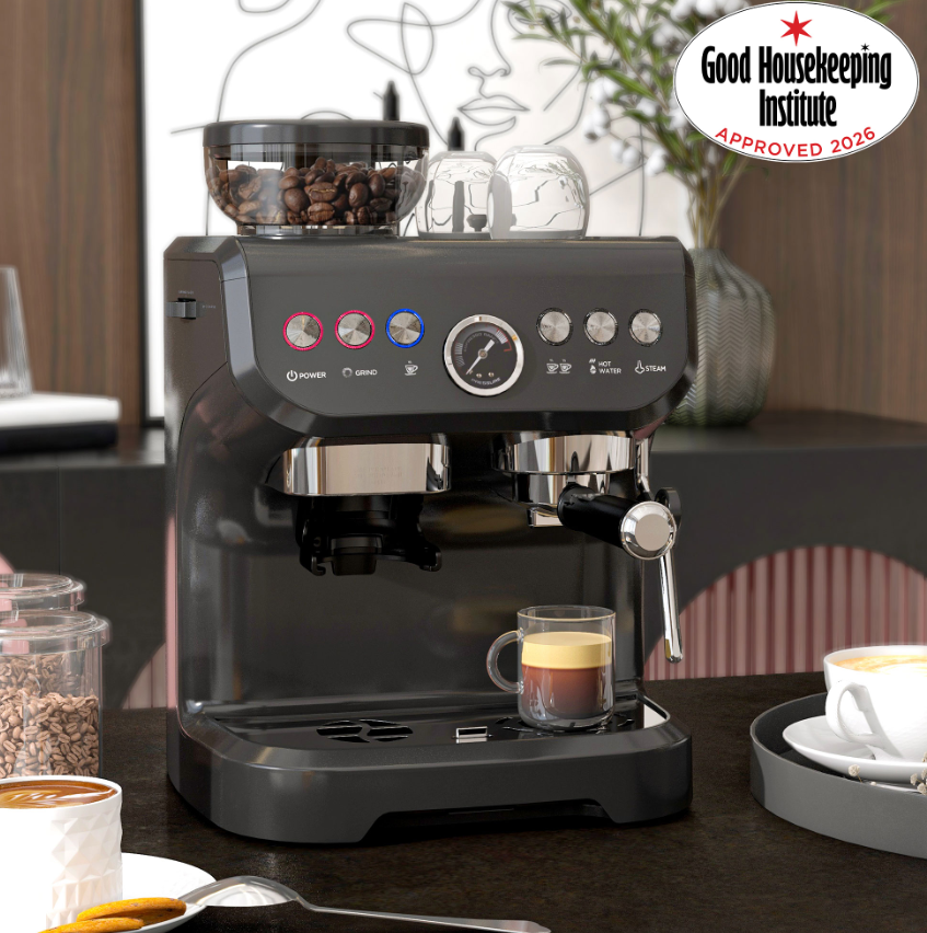 Espresso Machine, Bean Grinder & Steam Wand, 15 Bar Pressure, Black