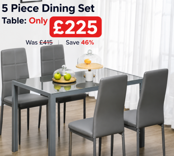 5-Piece Kitchen Dining Table Set with 4 Faux Leather Metal Frame Chairs Glass Tabletop