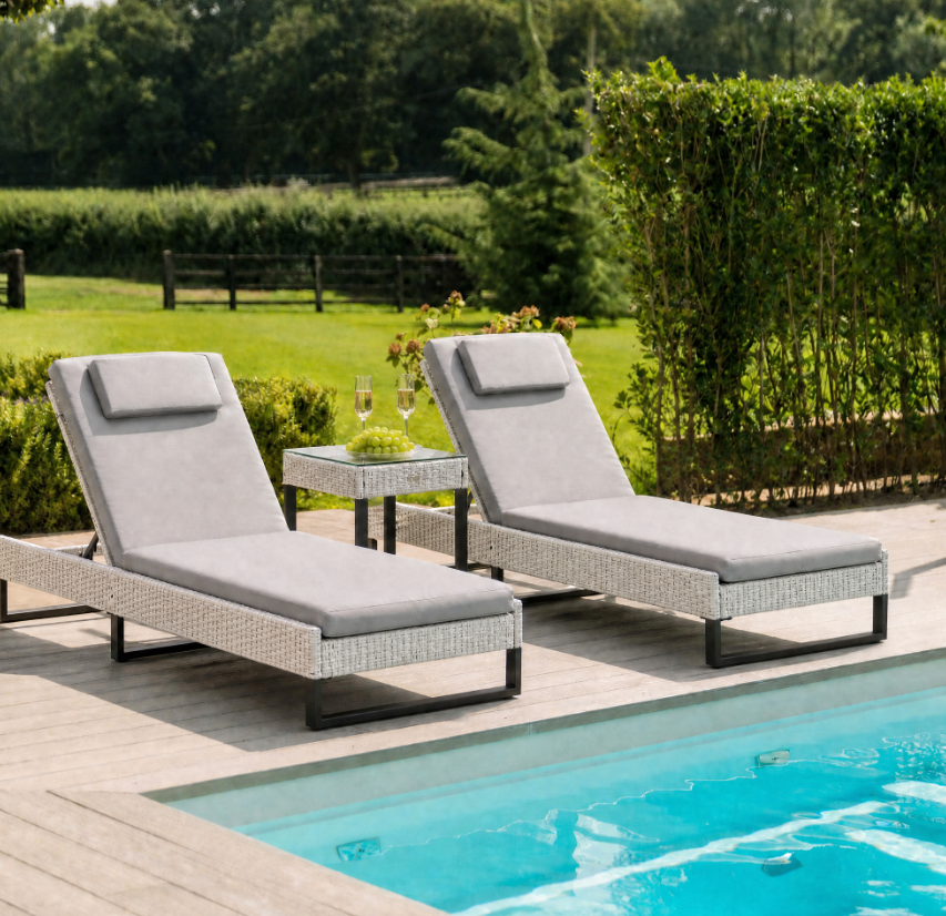 Rattan Sun Lounger Set w/ Cushions, 5-Level Chaise Lounge Chairs, Grey