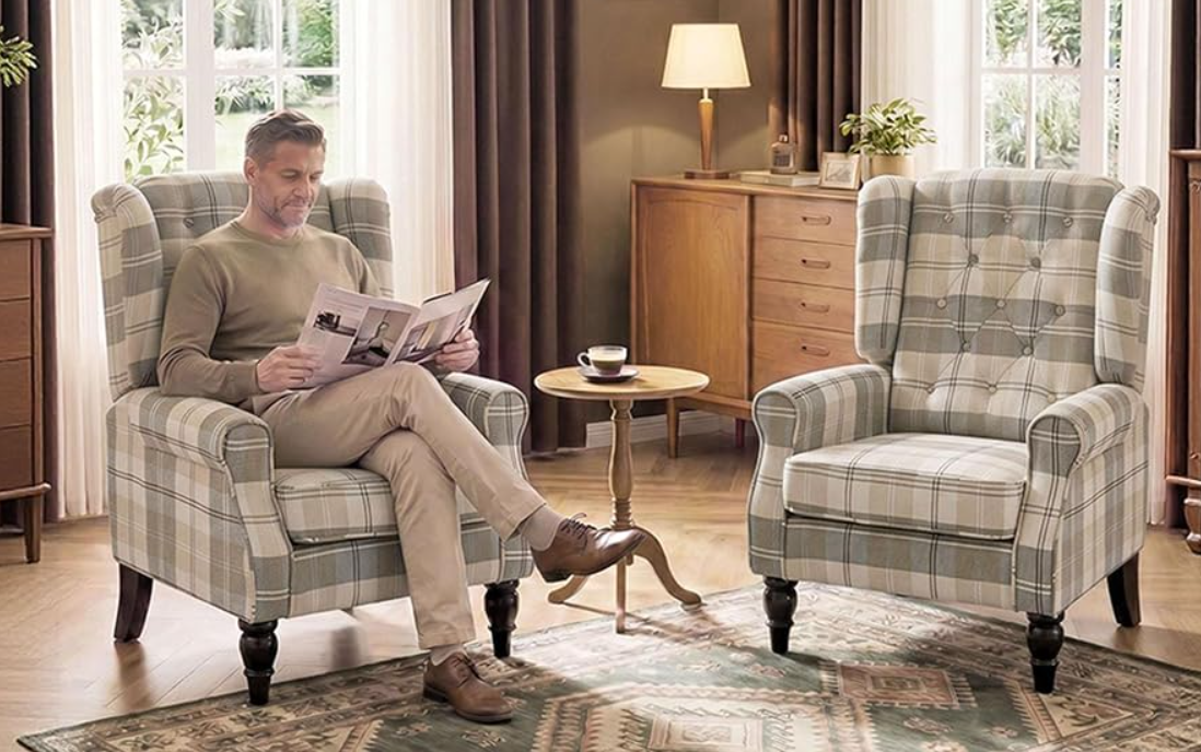 Accent Chair Wingback Armchair Retro Tufted, Khaki Plaid
