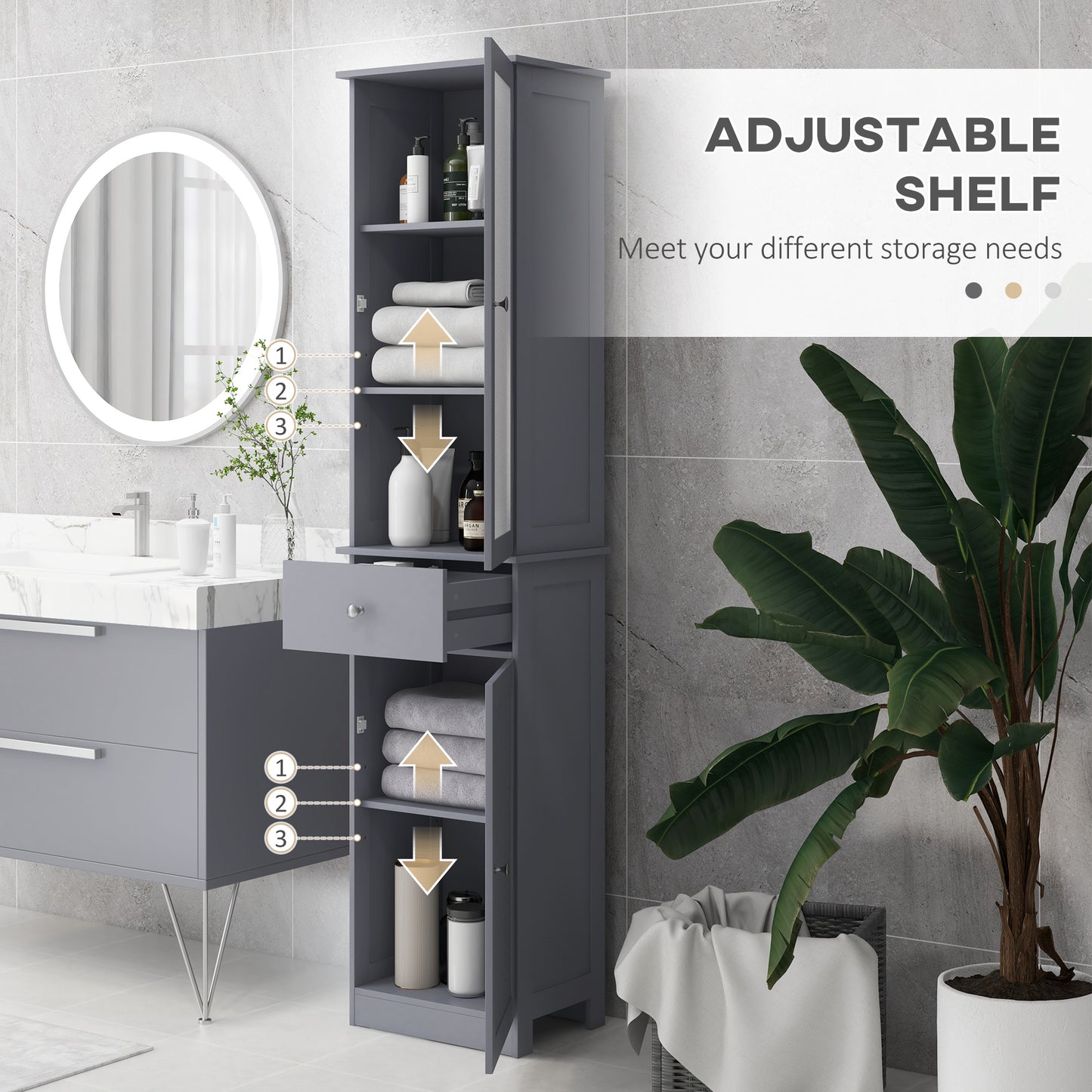 Storage Cabinet Organizer Tower with Shelves & Drawer, Grey