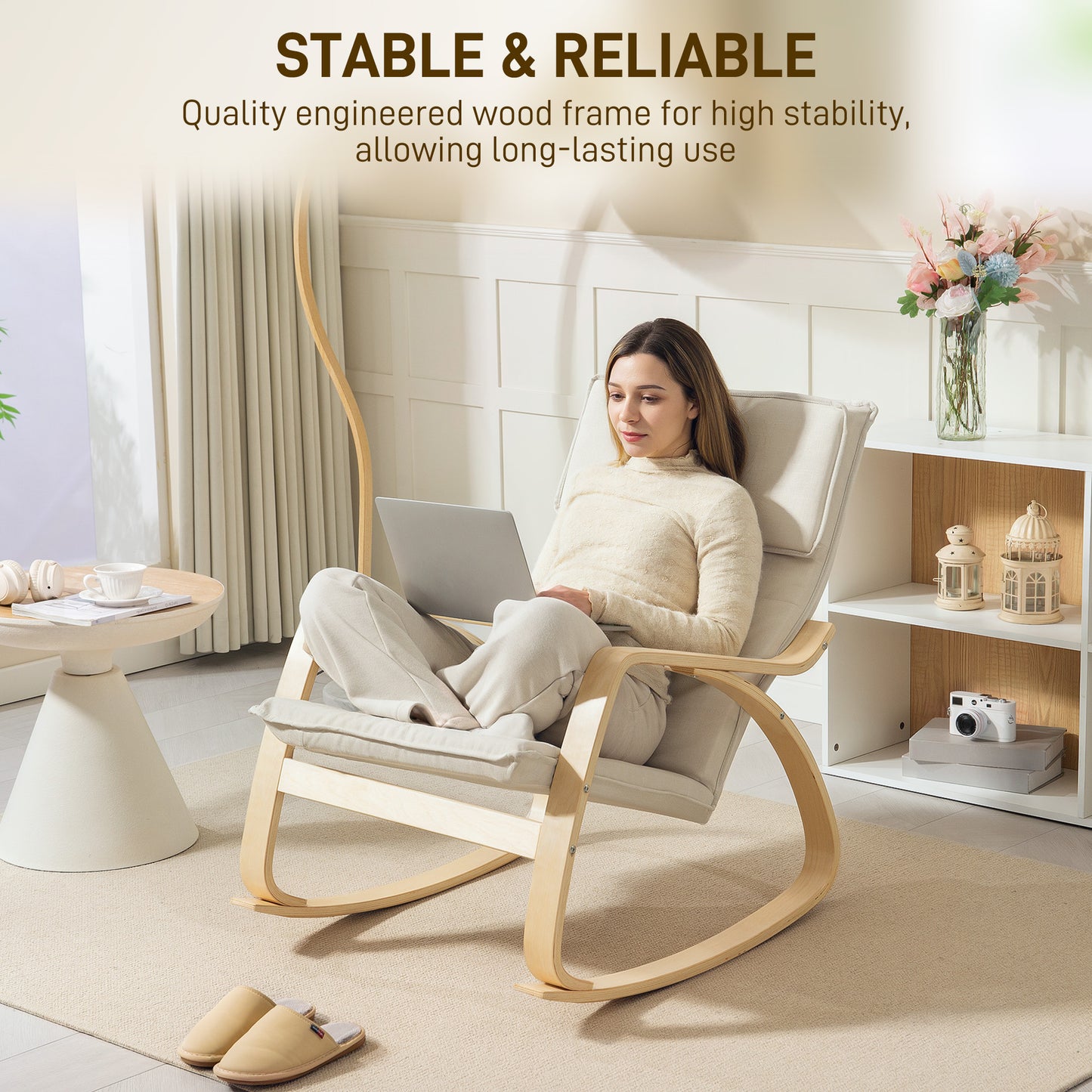 Comfortable Relax Rocking Chair with High Back, Cream White