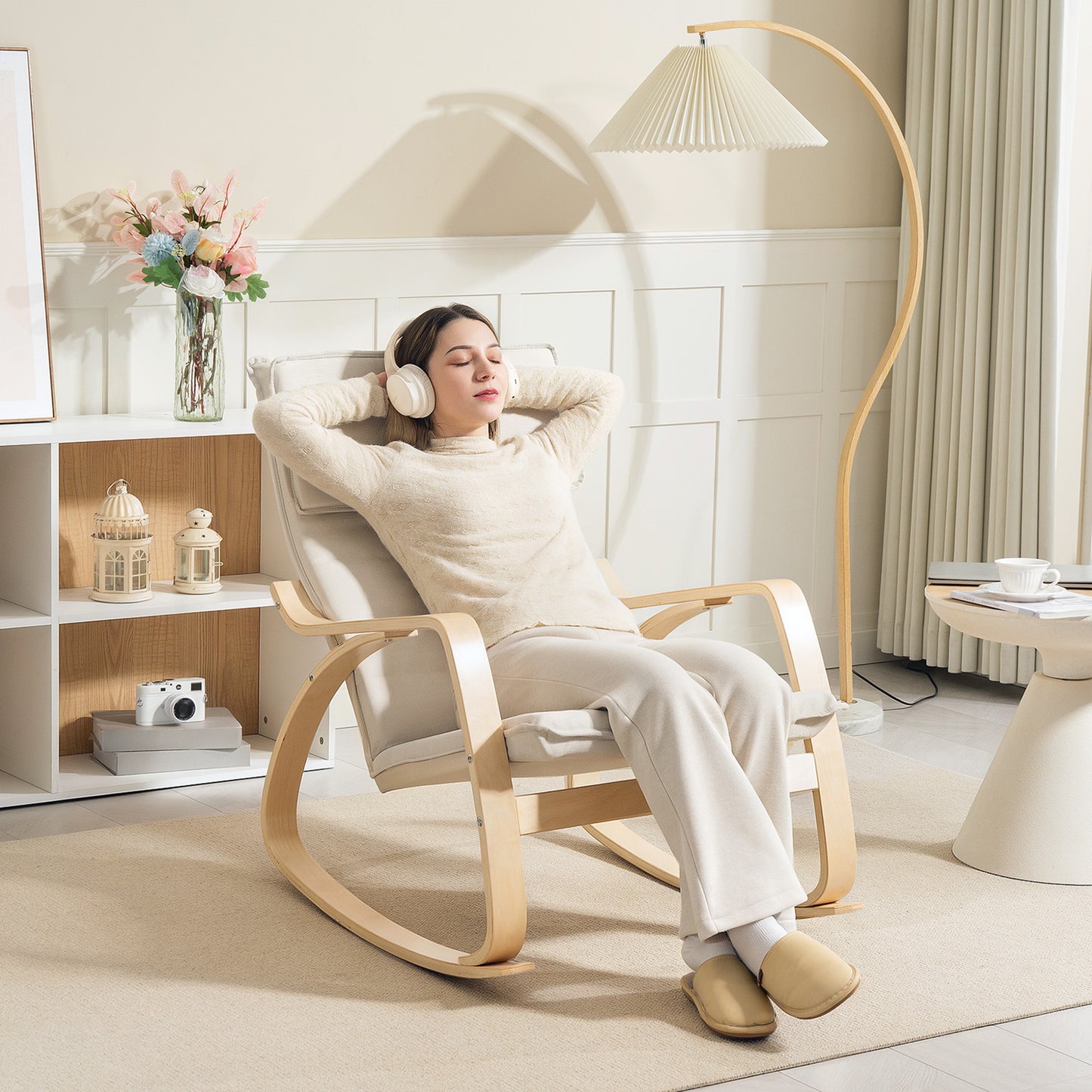 Comfortable Relax Rocking Chair with High Back, Cream White