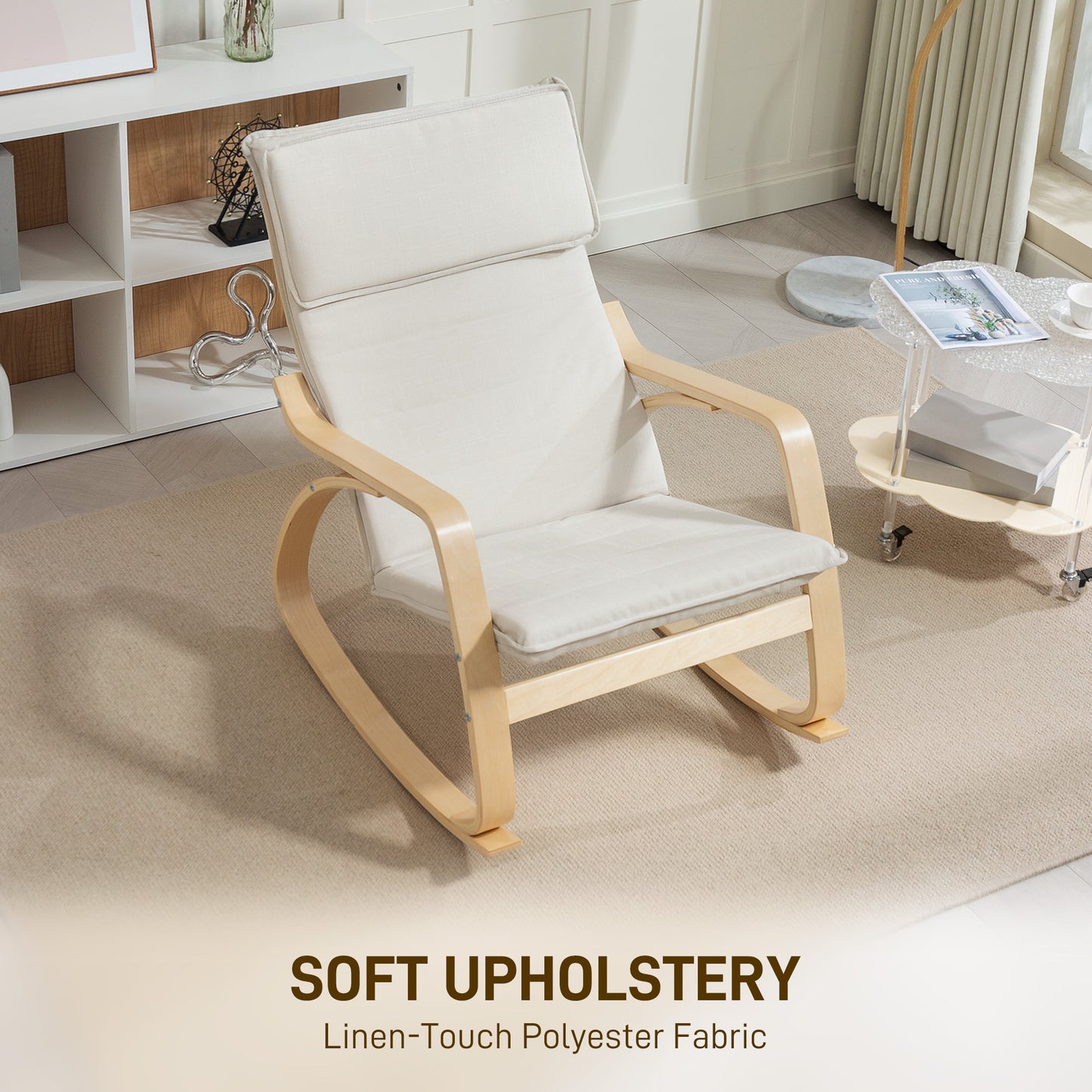 Comfortable Relax Rocking Chair with High Back, Cream White