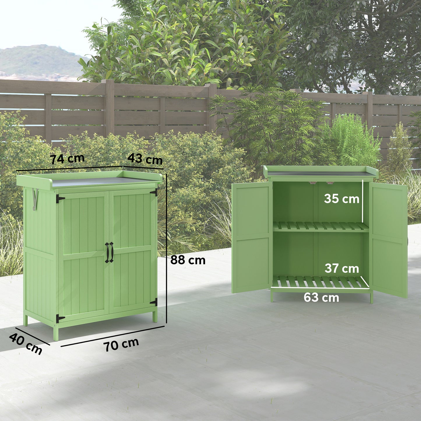 Wooden Garden Storage Shed w/Hinged Roof and Shelf, Light Green