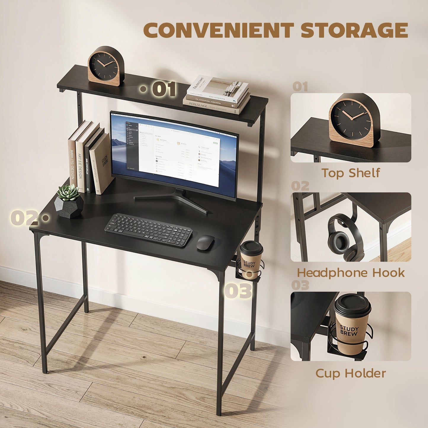 Computer Desk, 80cm Home Office Study Table with Hutch Shelf, Black