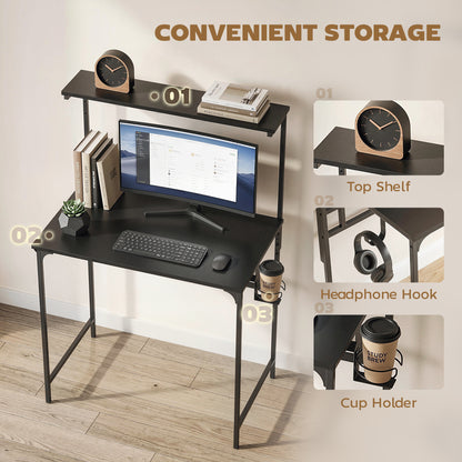Computer Desk, 80cm Home Office Study Table with Hutch Shelf, Black